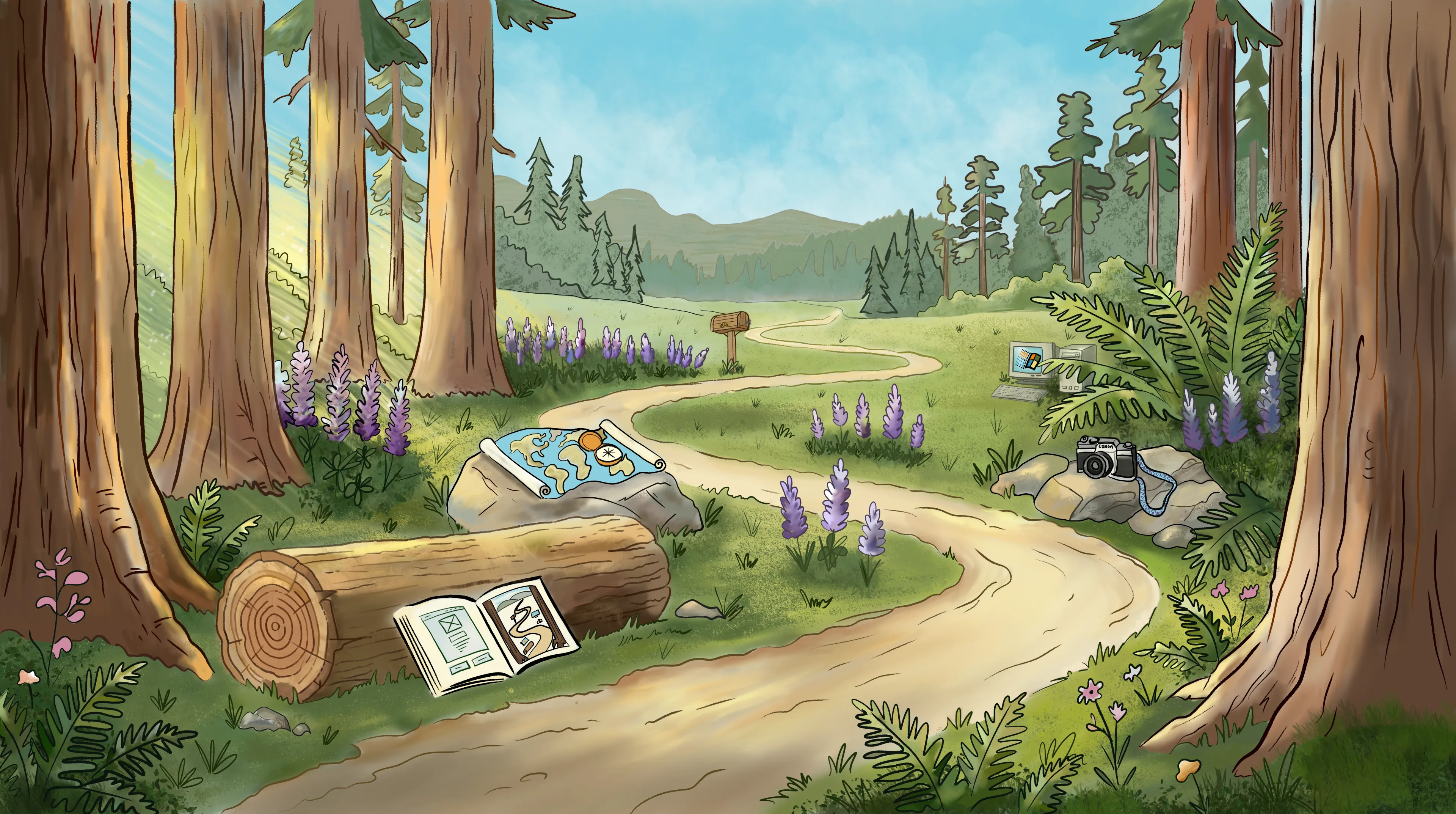Redwood forest meadow painted scene